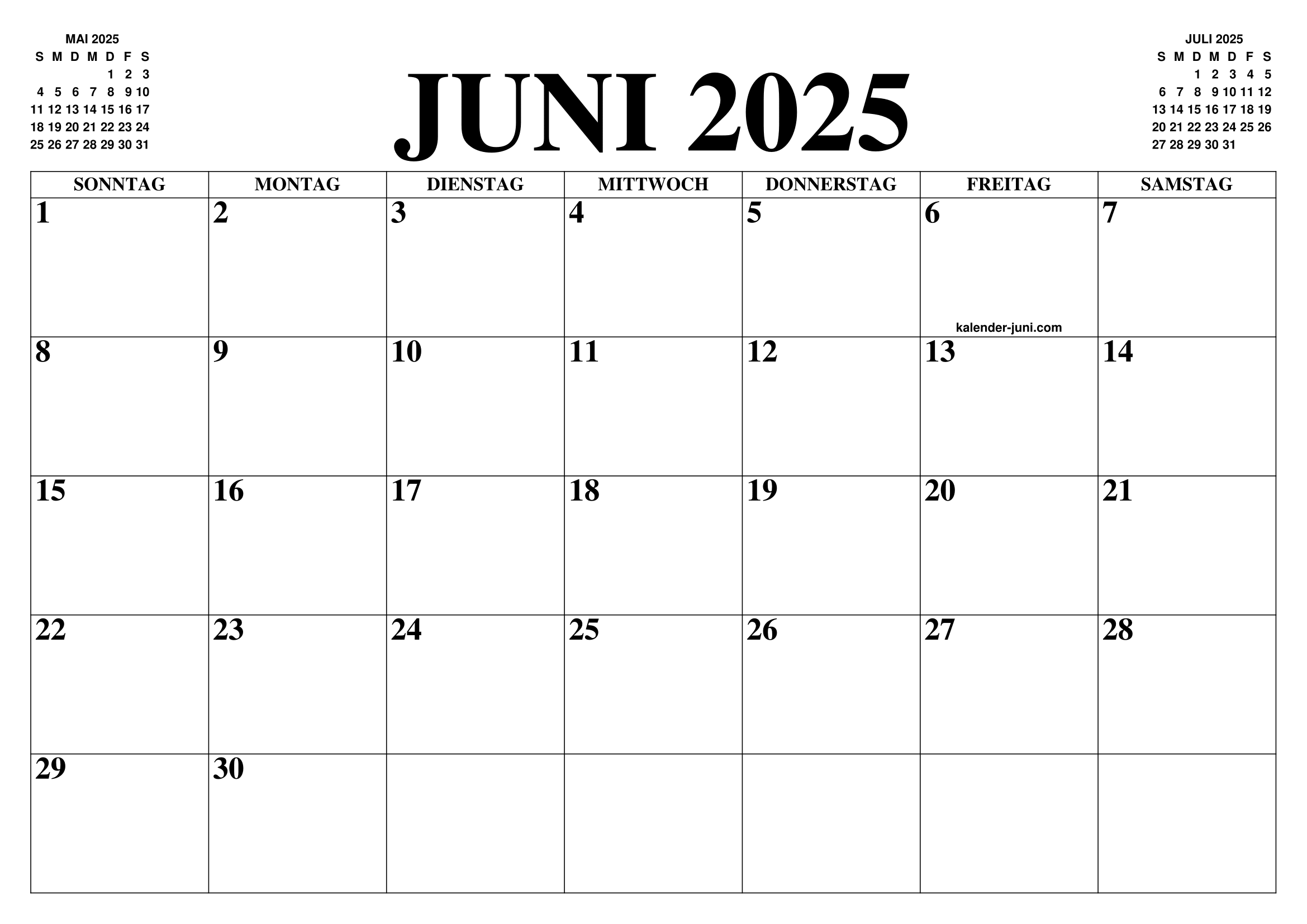 KALENDER JUNI 2025 : JUNI KALENDER ZUM AUSDRUCKEN GRATIS MONAT UND JAHR AGENDA