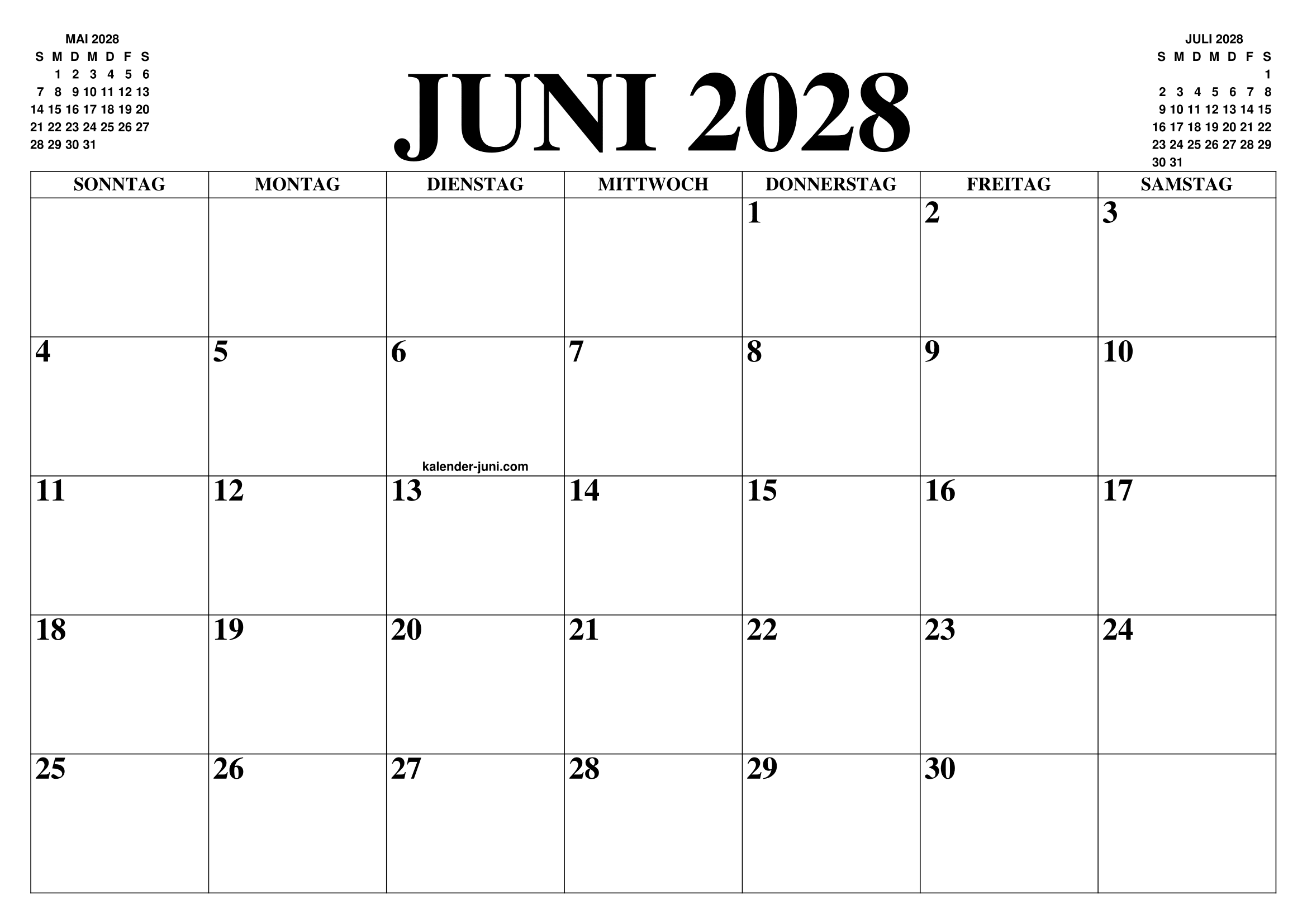 KALENDER JUNI 2028 : JUNI KALENDER ZUM AUSDRUCKEN GRATIS MONAT UND JAHR 